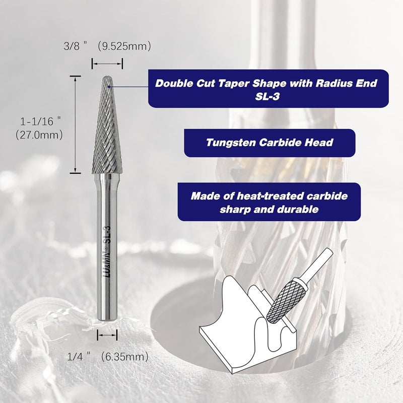 LU&MN SL-3 Double Cut Tungsten Carbide Burr Rotary File 4PCS – 3/8" Head 14° Taper Shape, 1/4" Diameter - for Deburring and Cast Iron,Stainless Steel and Other Materials – Industrial Grade - Image 2